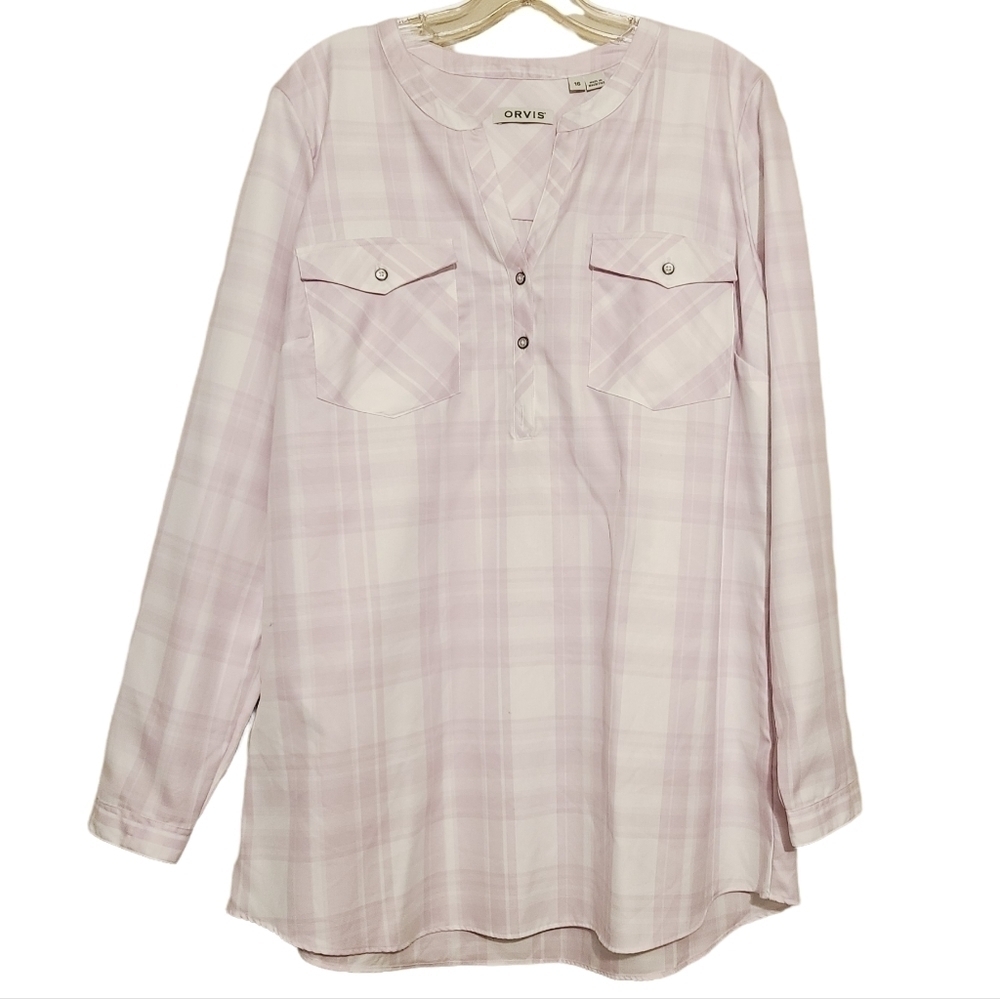 Orvis | Women's Lilac and White Checkered Tunic Cotton Shirt (Size 16)